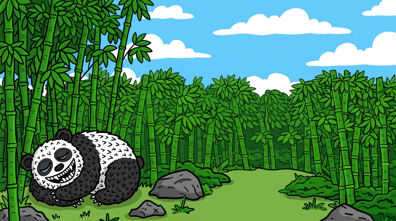 Lazzy Panda lounging in a bamboo grove